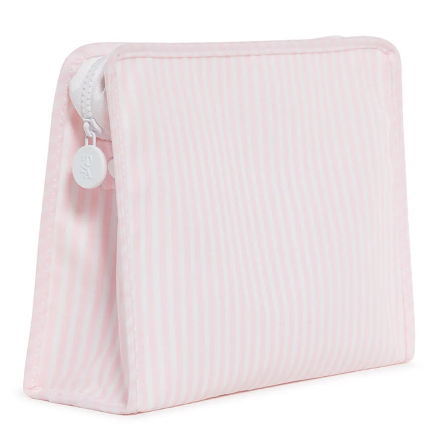 Pink and white stripe toiletry bag with white zipper on a white background