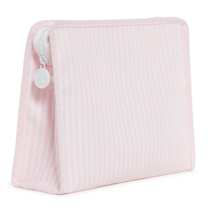 Pink and white stripe toiletry bag with white zipper on a white background