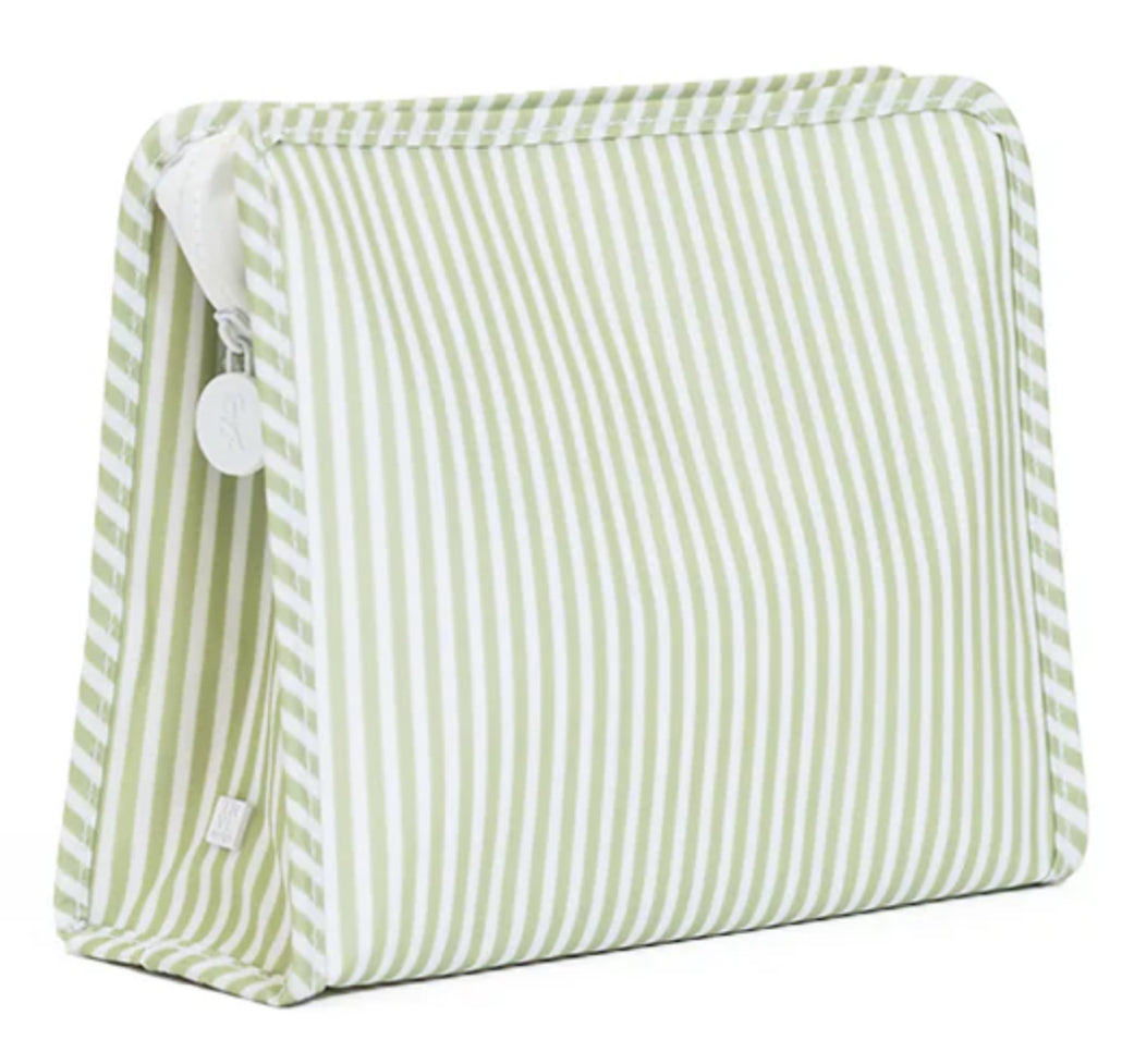 Green and white striped fabric bag with a button on a white background