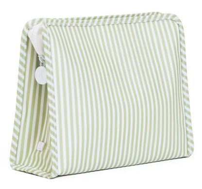 Green and white striped fabric bag with a button on a white background