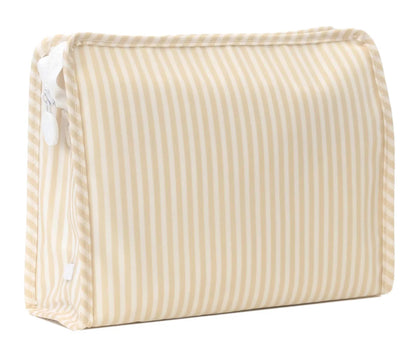 Beige striped toiletry bag on a white background