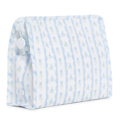 Zipper pouch with blue and white striped floral pattern on a white background