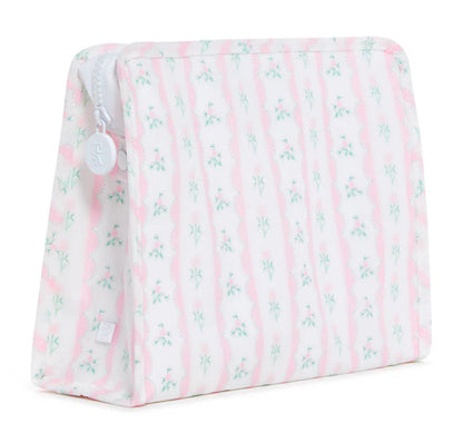 Cosmetic bag with pink and white striped pattern on a white background