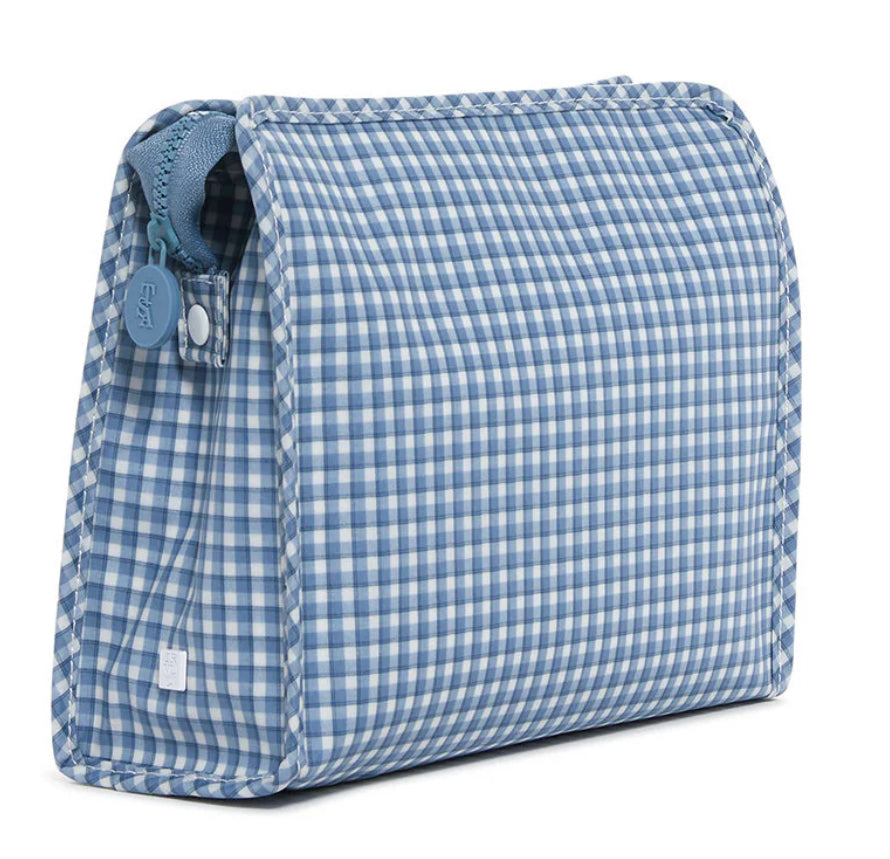 Blue and white checkered toiletry bag on a white background