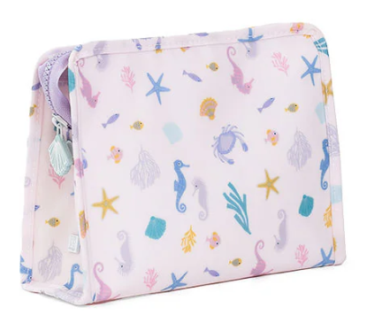 Cosmetic bag with sea-themed pattern on a white background