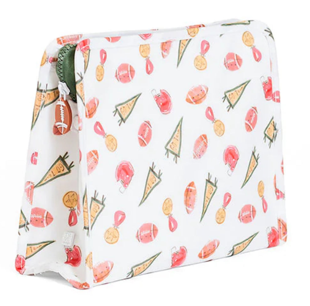 Rectangular pouch with football, helmet, and Go Team flags on a white background