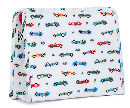 White pouch with colorful race car pattern on a white background