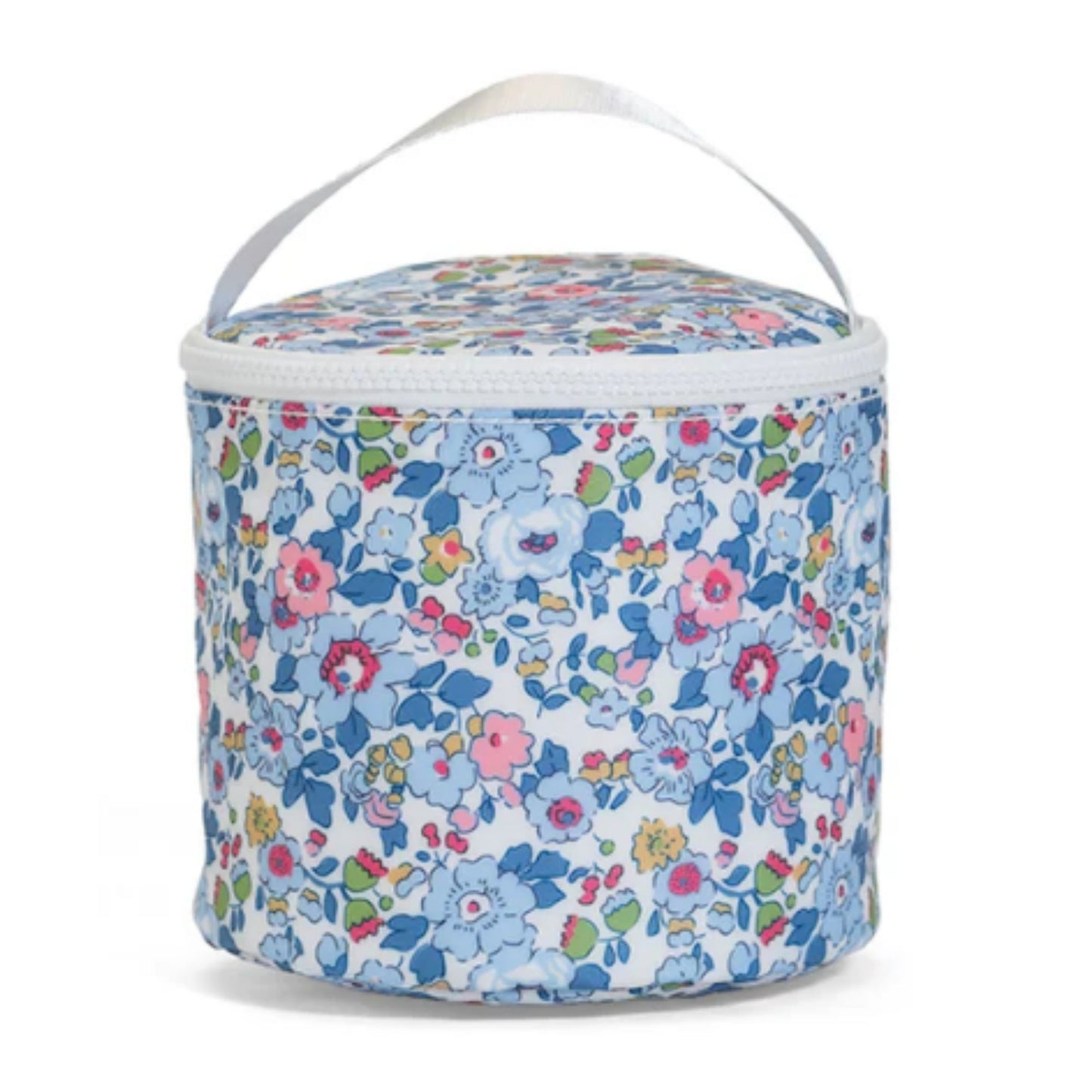 Floral-patterned cylindrical bag with a white handle on a white background