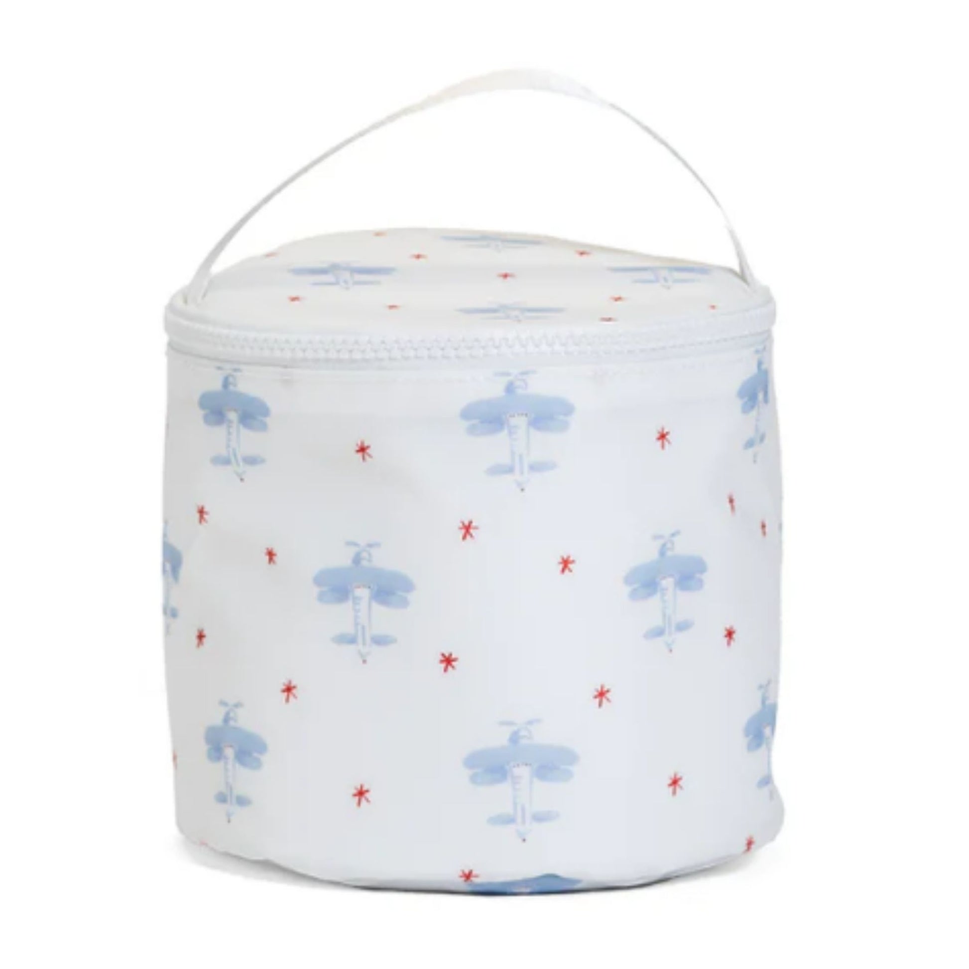 Round white container with blue airplane pattern on a white background