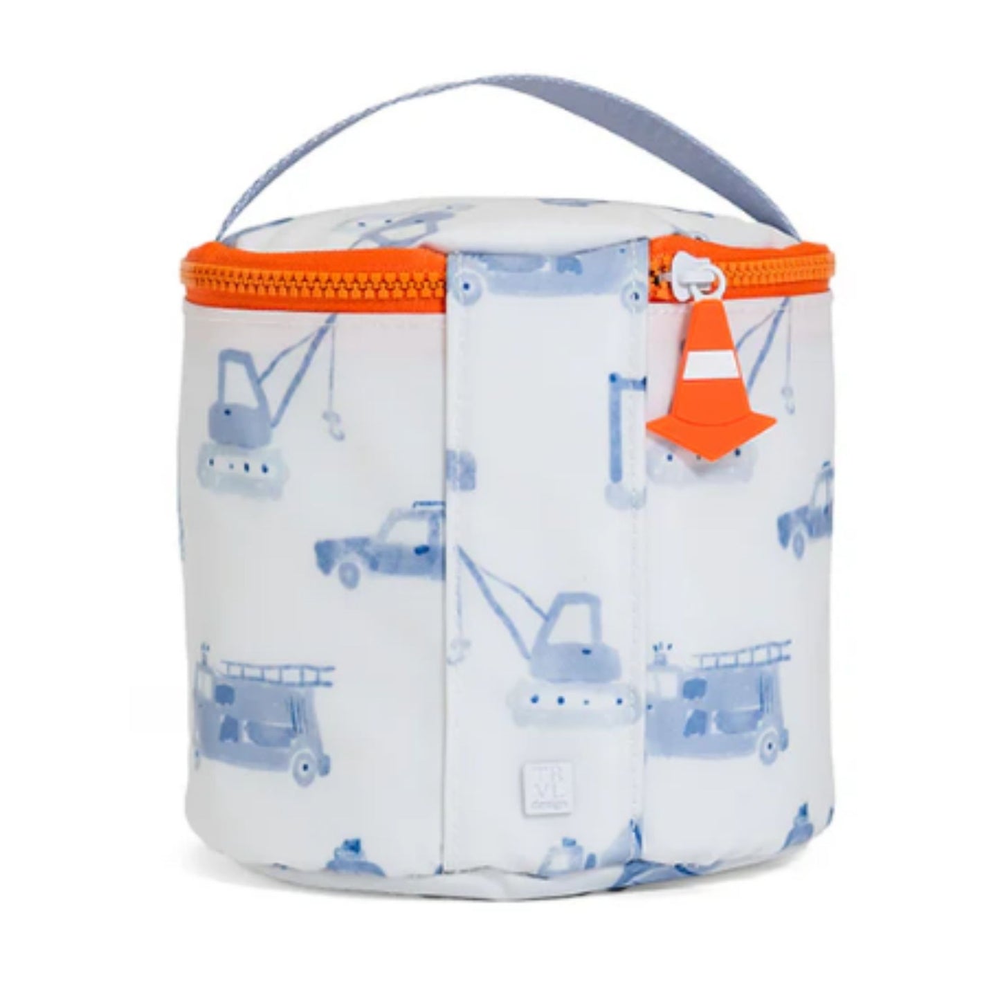 Children's lunch bag with construction vehicle pattern on a white background