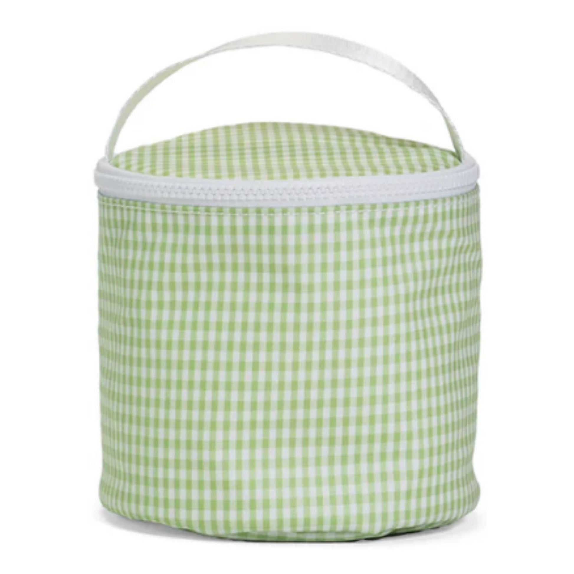 Green and white checkered cooler bag with a white handle on a white background