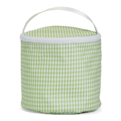 Green and white checkered cooler bag with a white handle on a white background