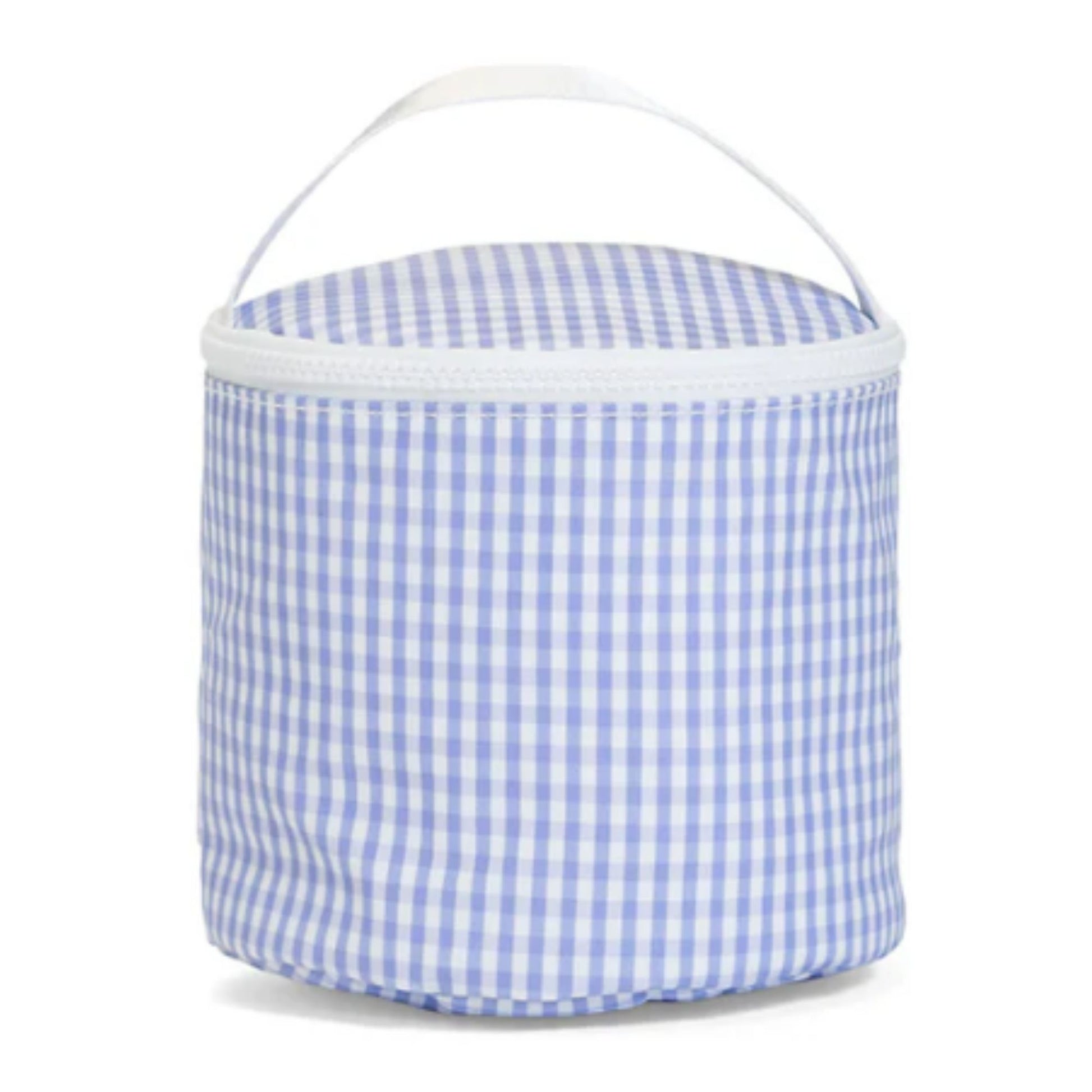 Blue and white checkered cooler bag on a white background