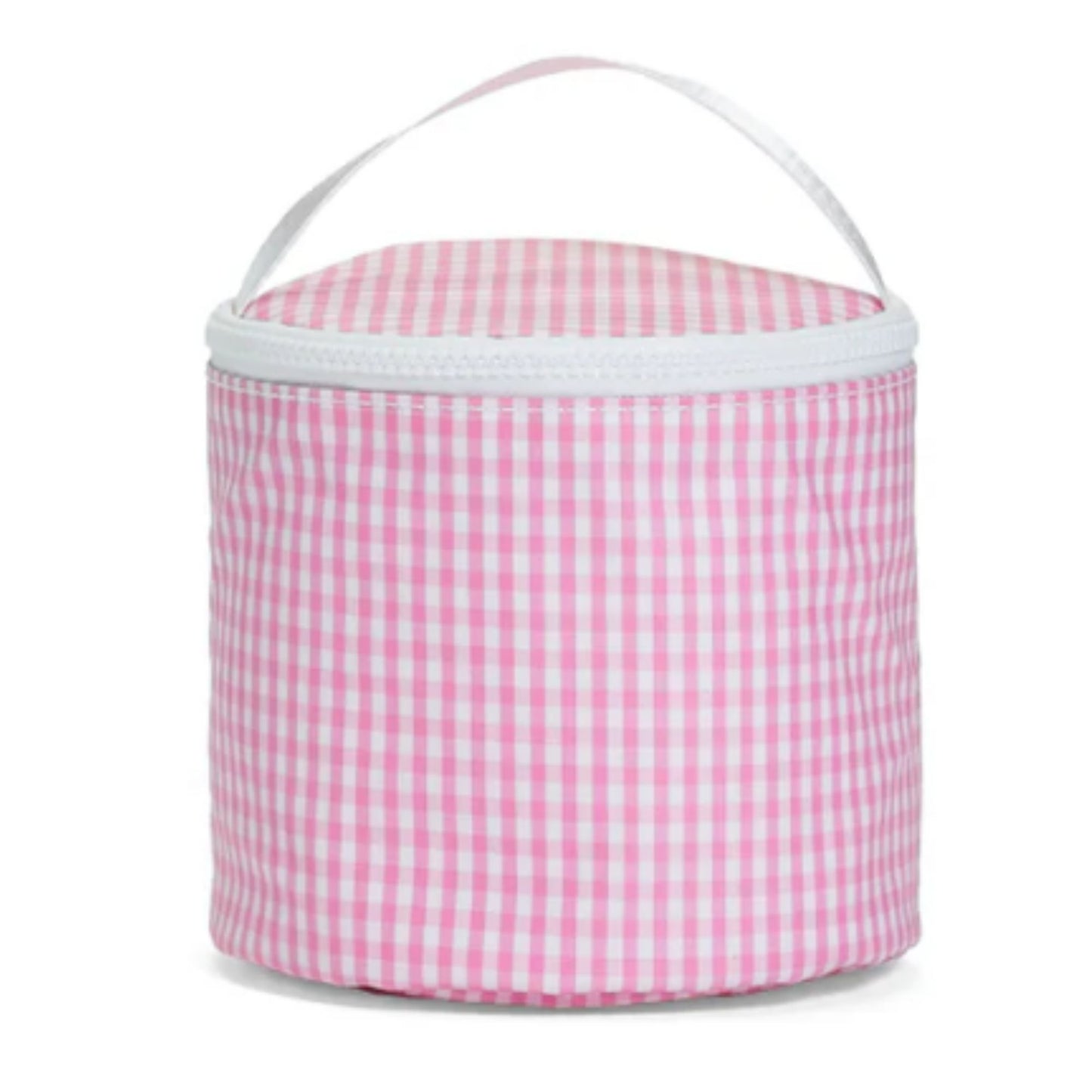 Pink and white checkered bucket with a white handle on a white background