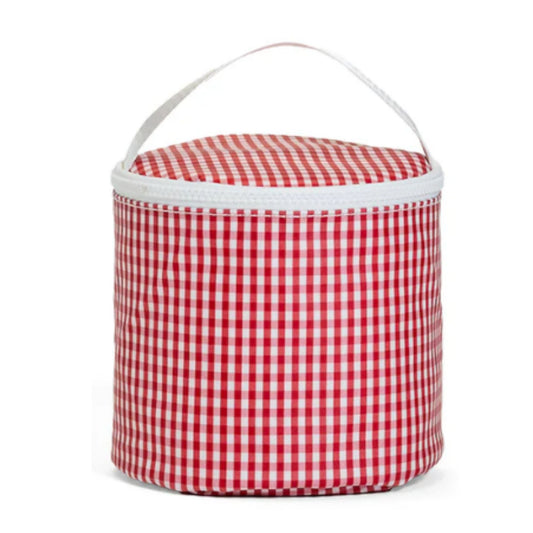 Red and white checkered cooler bag with a white handle on a white background