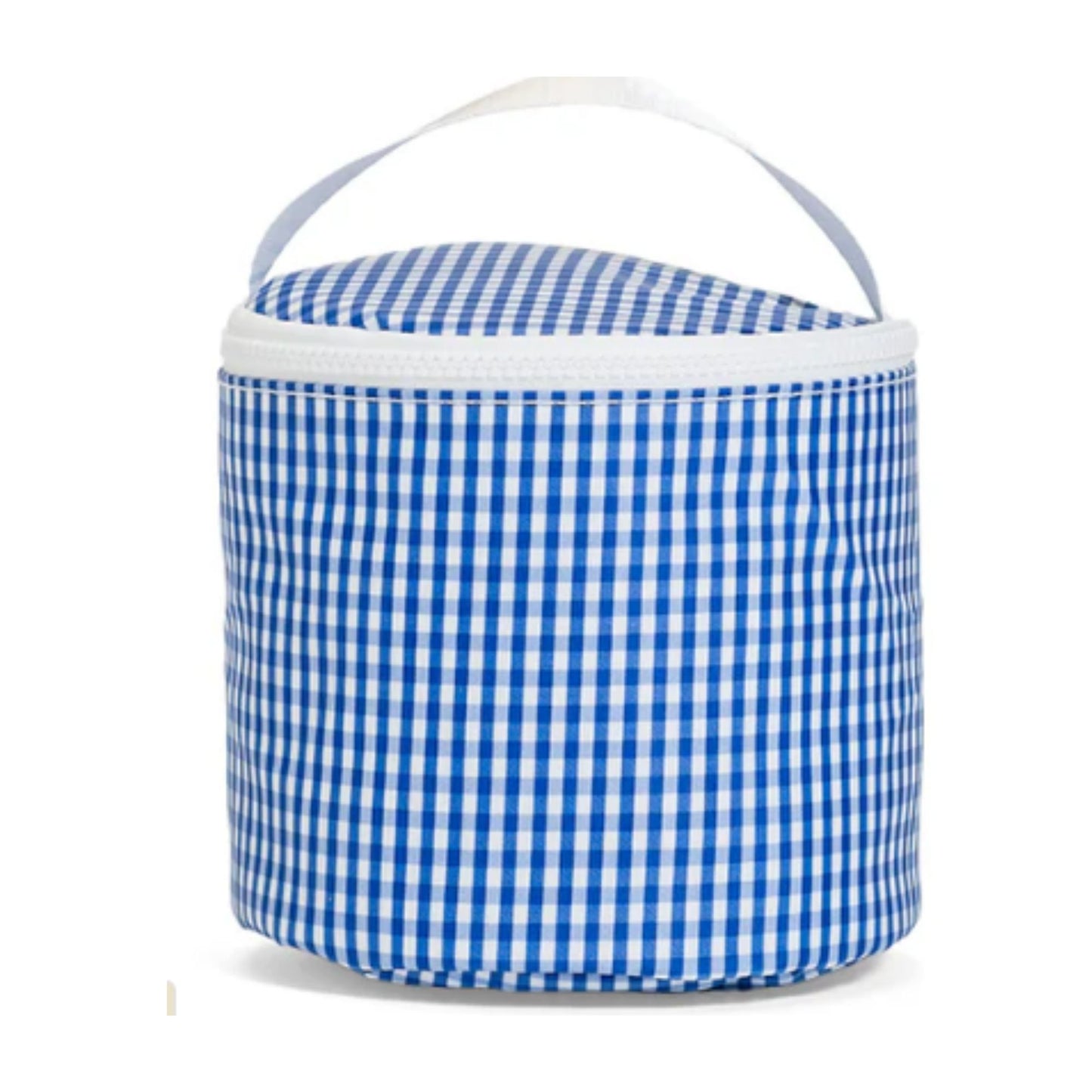 Blue and white checkered bucket with a handle on a white background