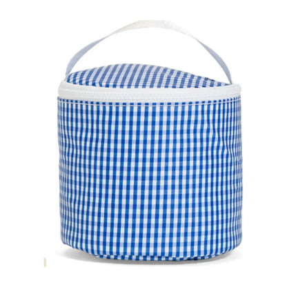 Blue and white checkered bucket with a handle on a white background
