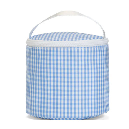 Blue and white checkered cooler bag with a handle on a white background