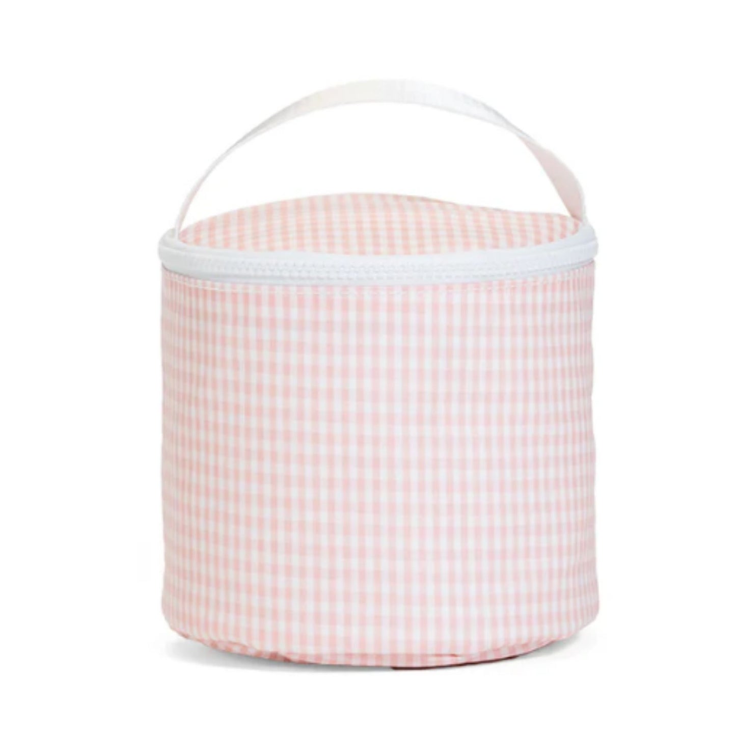 Pink gingham-patterned cooler bag with a white handle on a white background