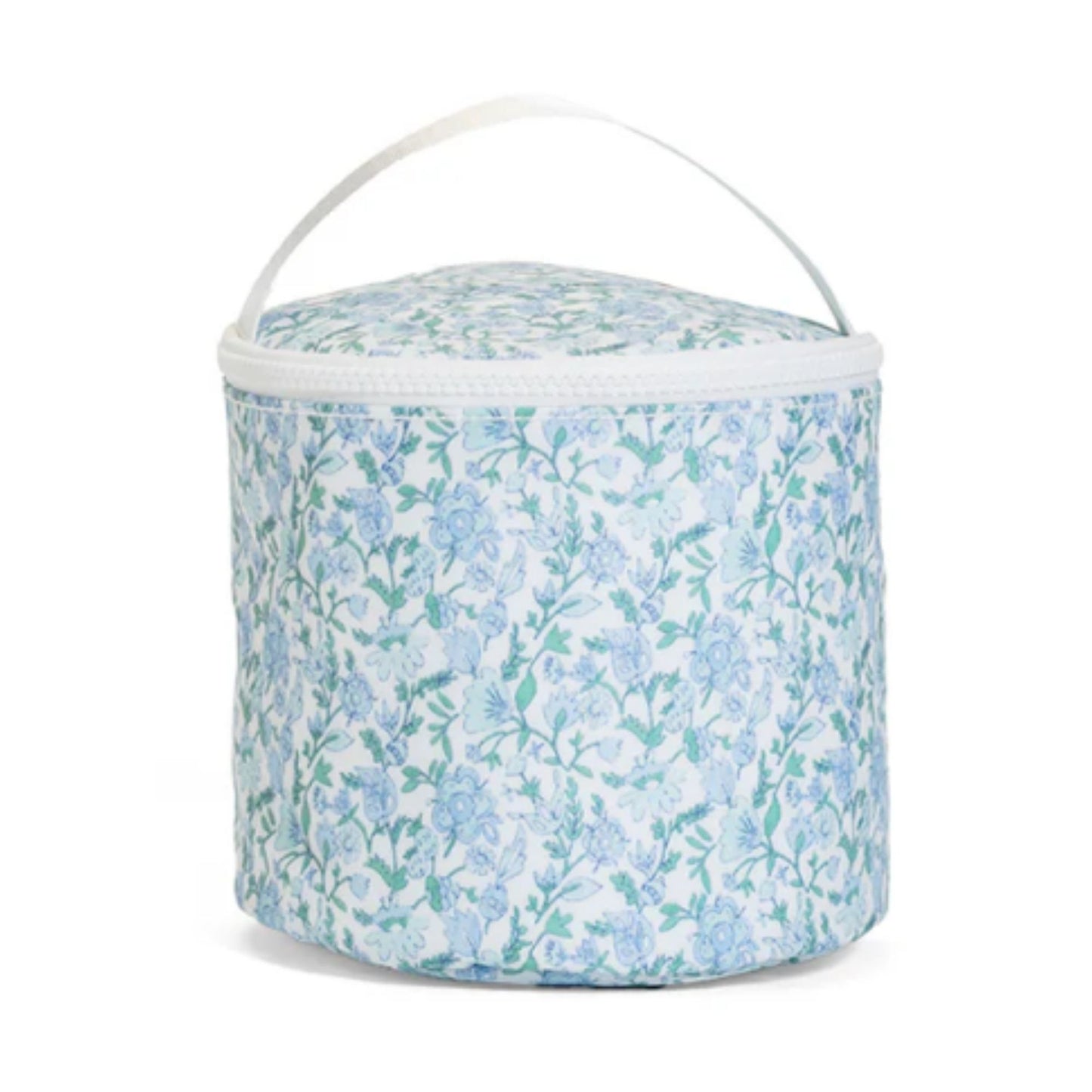 Floral-patterned fabric basket with a white handle on a white background