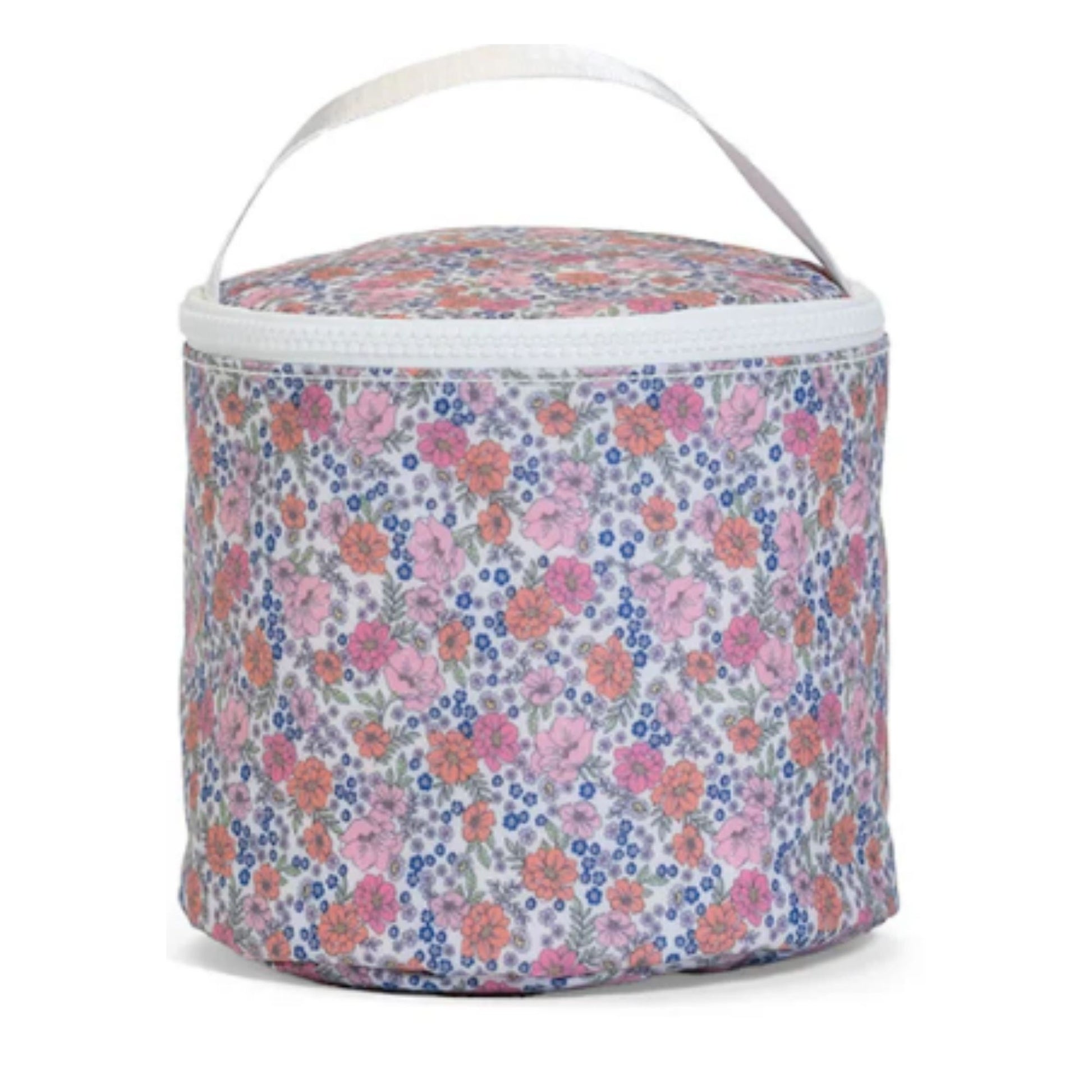 Floral-patterned cylindrical bag with a white handle on a white background