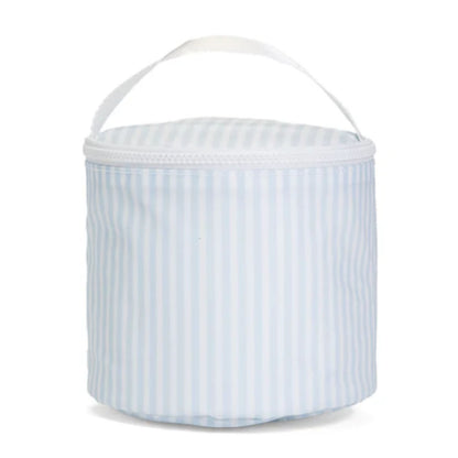 Snack back with light blue and white stripes