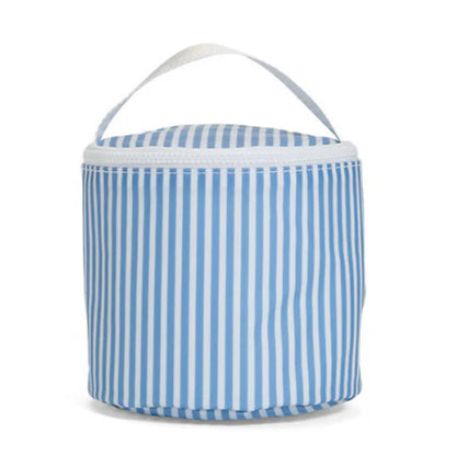 Blue and white striped cooler bag with a handle on a white background