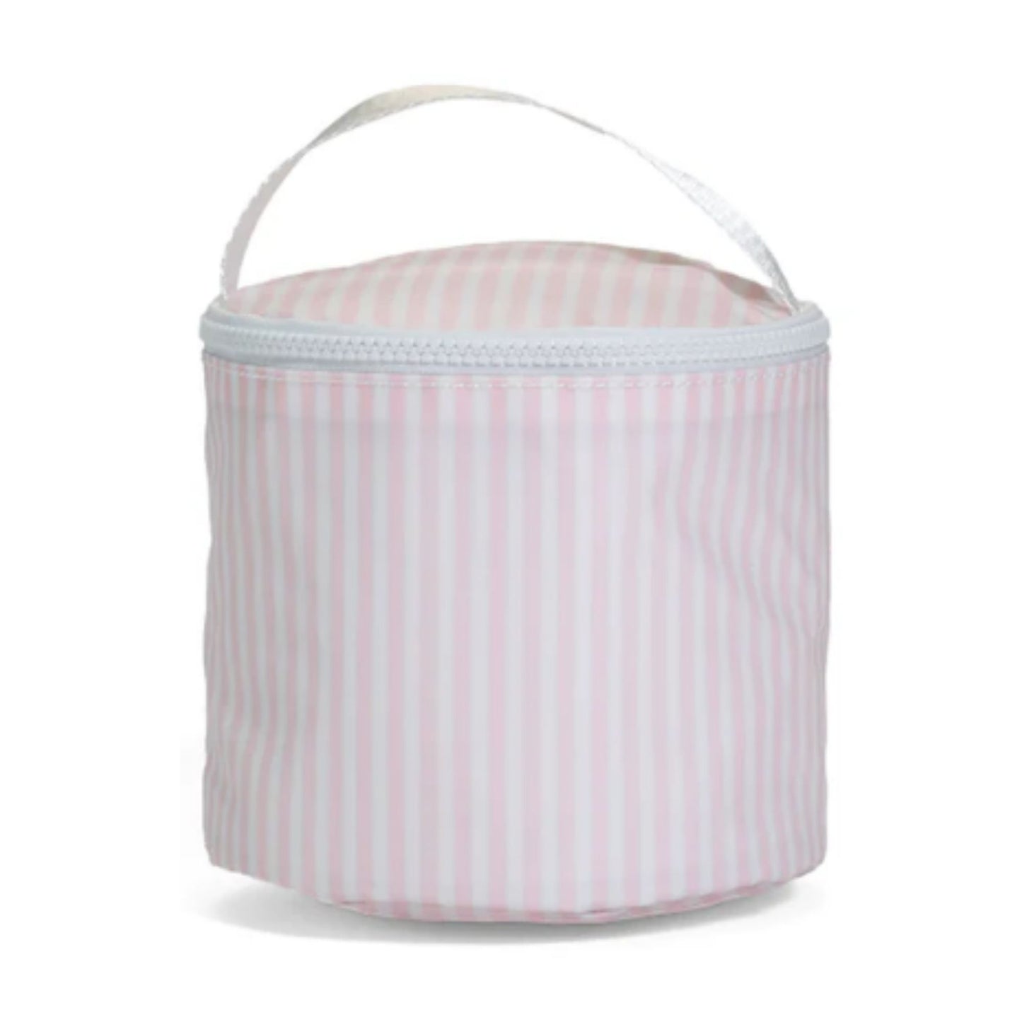 Pink striped cooler bag with white handle on a white background