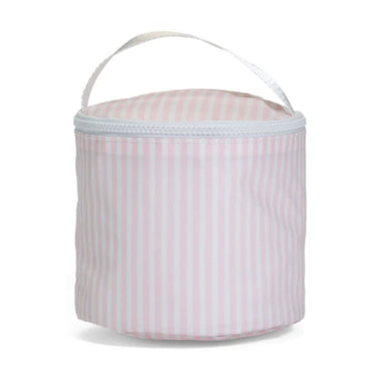 Pink striped cooler bag with white handle on a white background