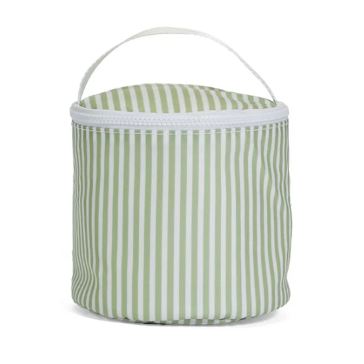 Green and white striped cooler bag with a handle on a white background