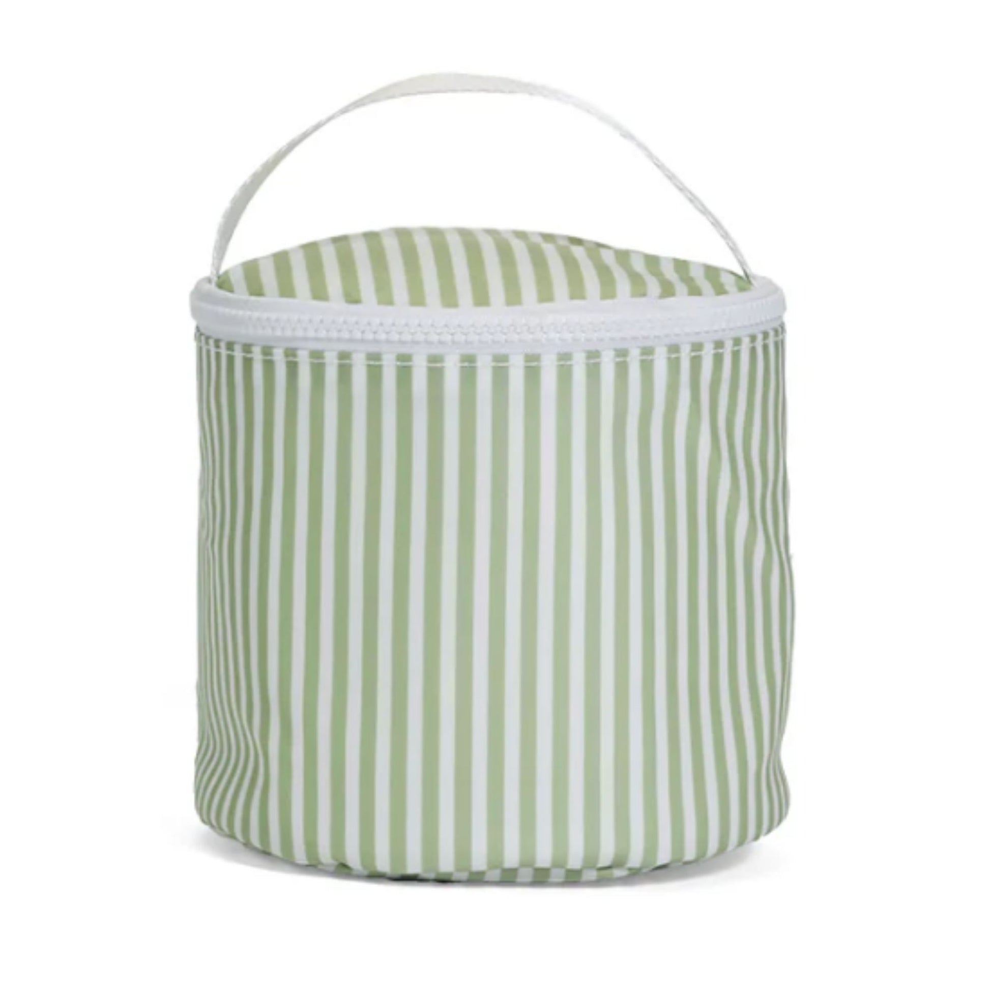 Green and white striped cooler bag with a handle on a white background