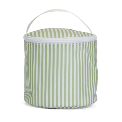 Green and white striped cooler bag with a handle on a white background