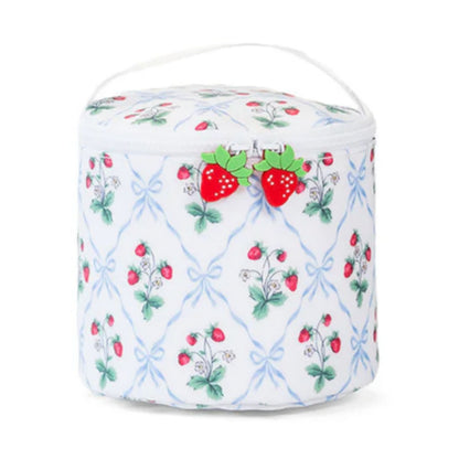 Fabric storage box with strawberry pattern on a white background