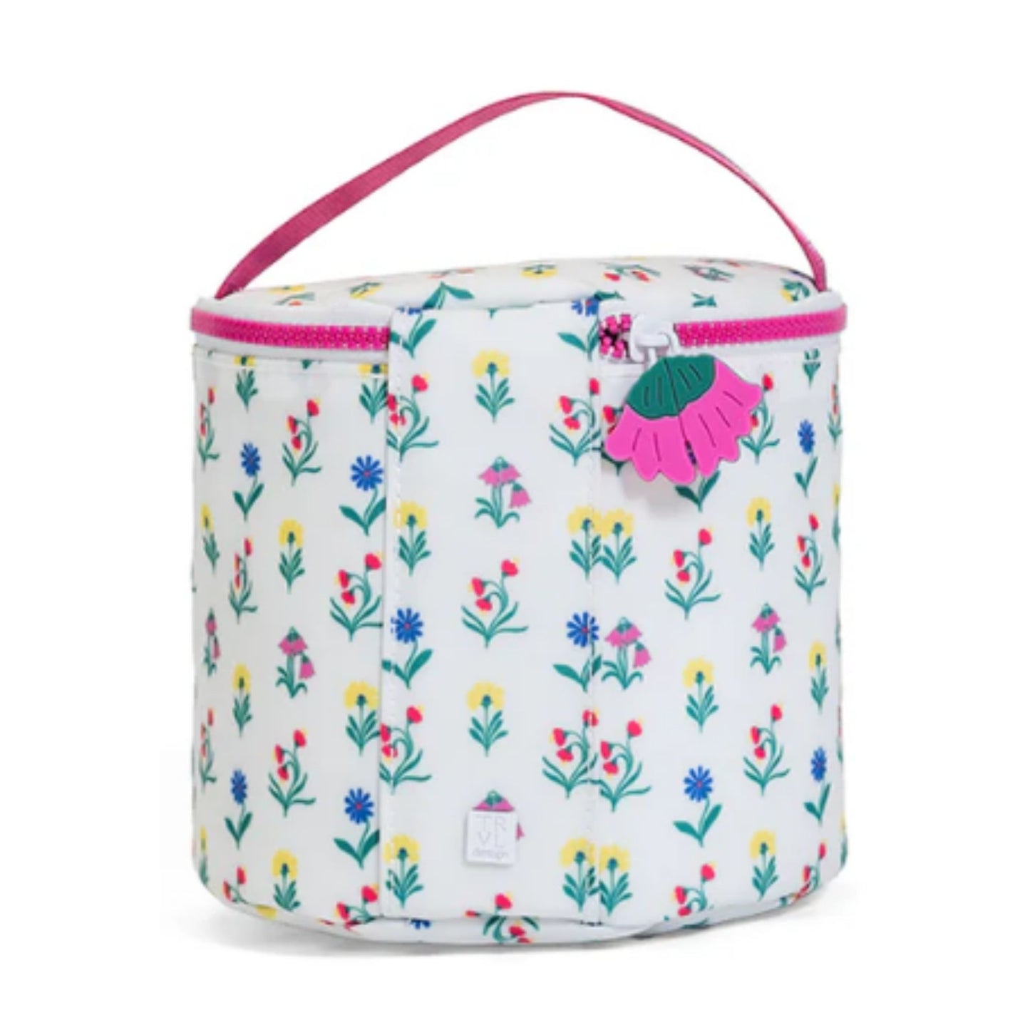Floral-patterned bag with a pink handle on a white background