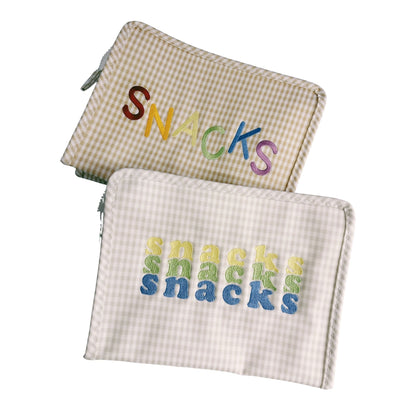 Two snack bags with 'snacks' text in different colors on a white background